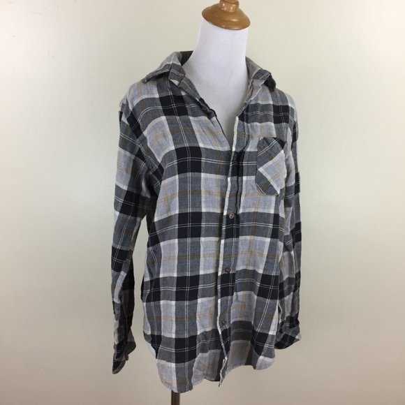 CURRENT ELLIOTT Gray Black Taupe Plaid High Low Hem Flannel Oversized Shirt - Picture 4 of 11